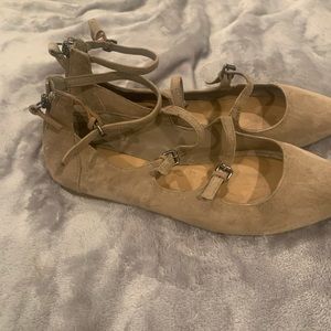 Taupe ankle strap flats